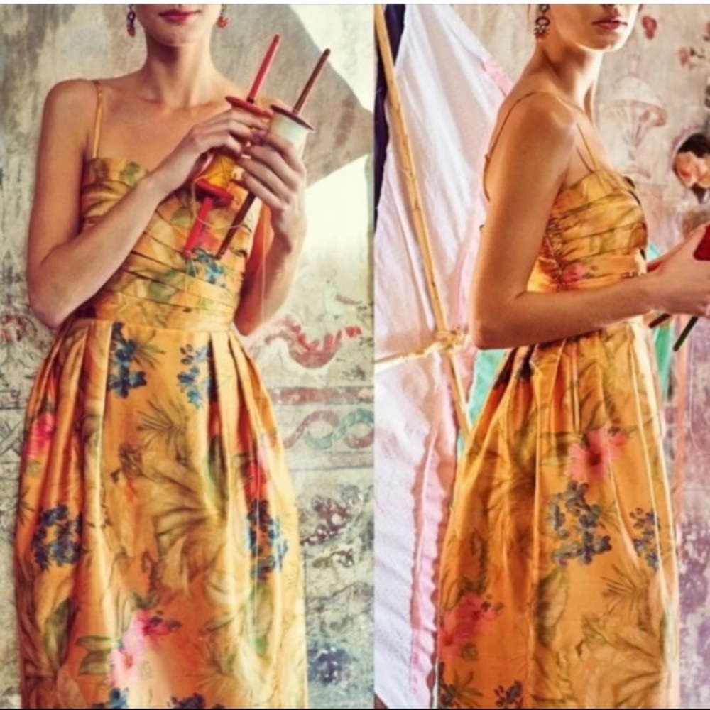 Anthropologie Yellow Floral Midi Dress